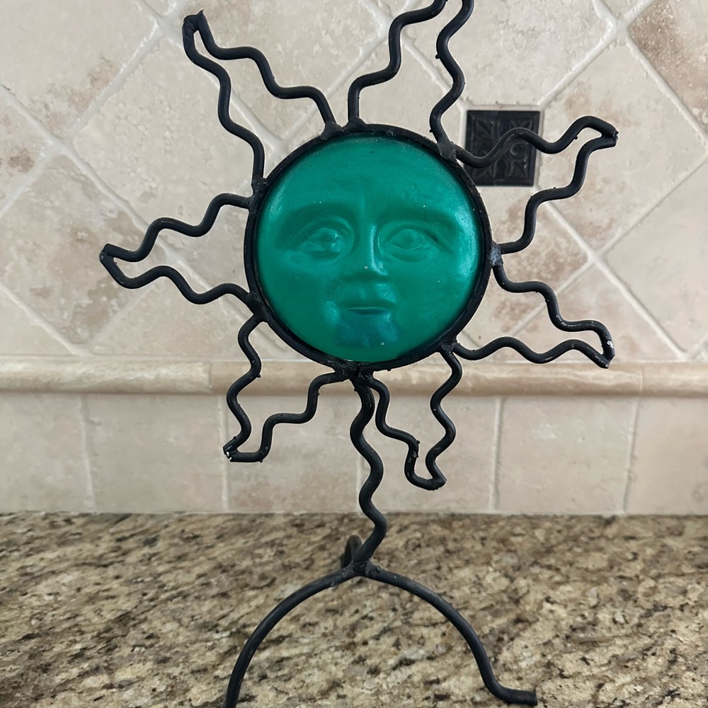 Decorative Wrought Iron Candle Sun Sculpture with Green Glass
